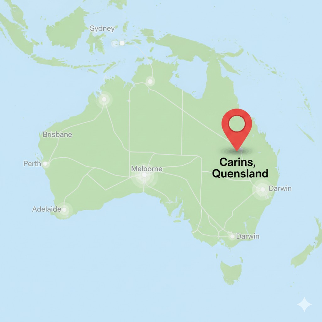 Map of Australia highlighting Cairns in Queensland with a red location marker.