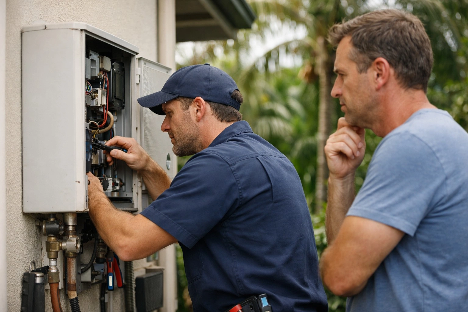 Licensed plumber checking a residential hot water unit outside a Cairns home after sudden hot water failure.