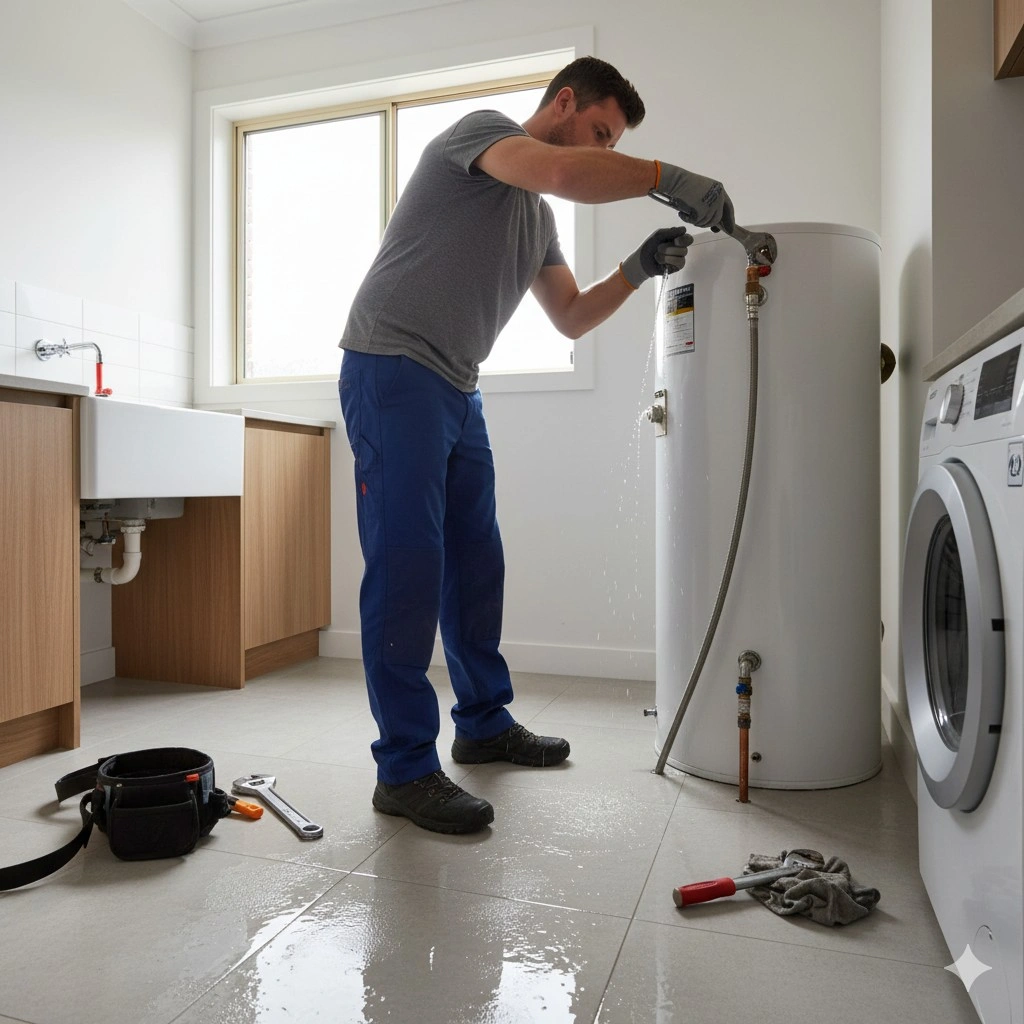 Plumber repairing leaking pipe connection on a residential hot water tank with water pooling near the base.
