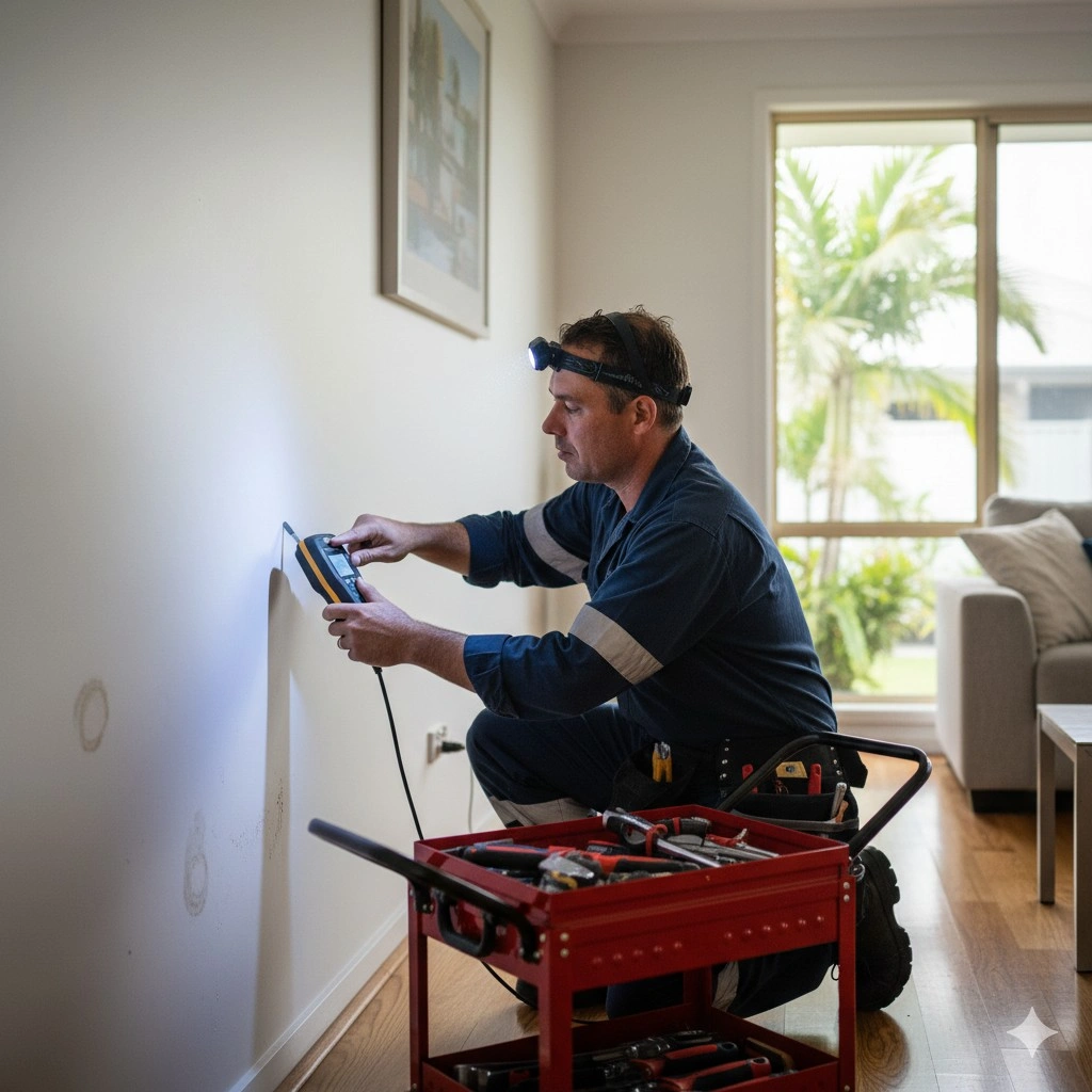 Emergency plumber using electronic leak detection equipment inside a Cairns home to locate hidden water damage.
