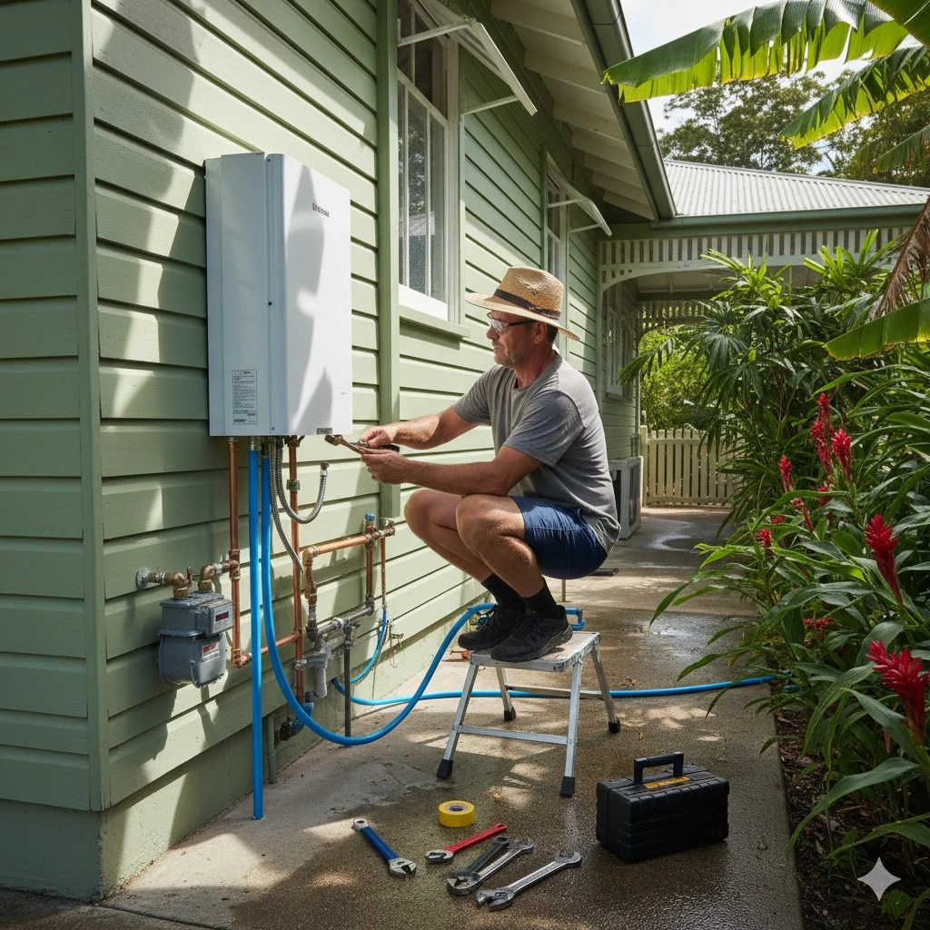 Technician installing a new gas hot water unit on exterior wall of a Queensland home.