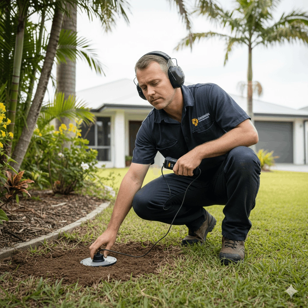 plumber using acoustic device to detect buried pipe leak in Cairns garden