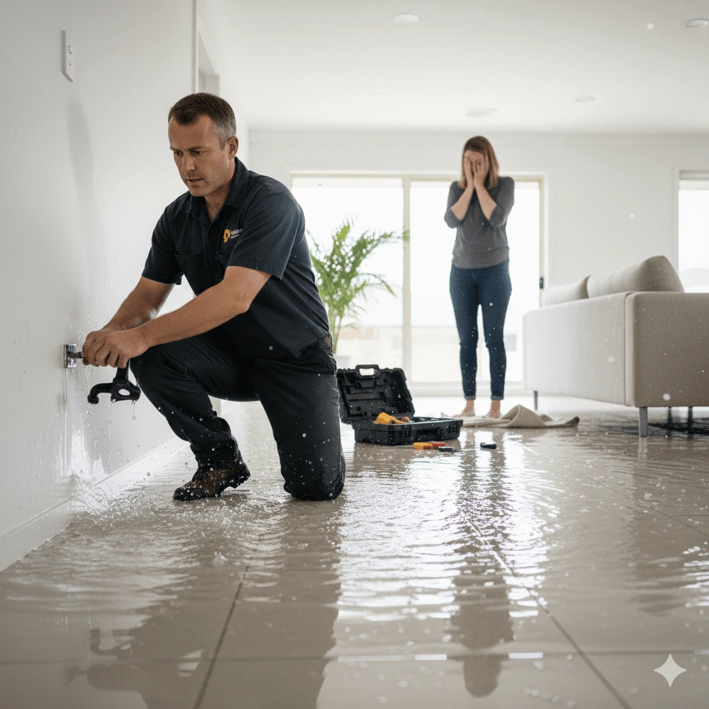 water flooding home from burst pipe while plumber shuts off valve during emergency
