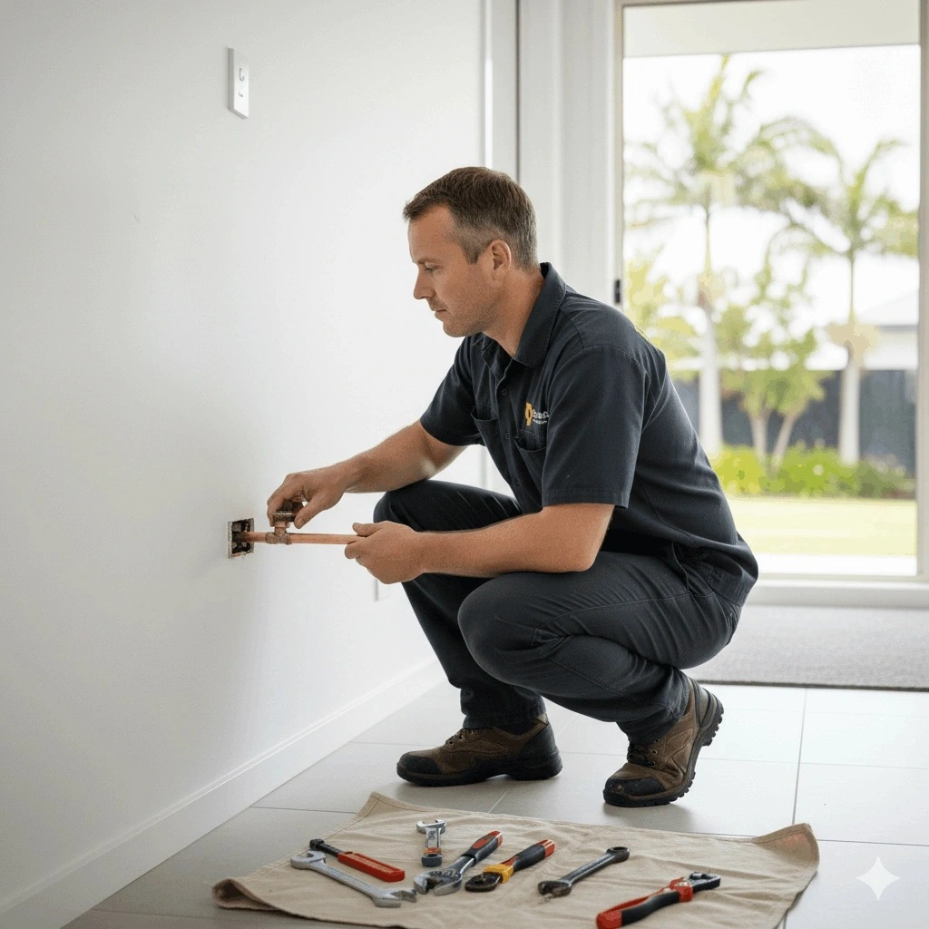 plumber fixing water pipe after leak detection with clean and secure connection in Cairns