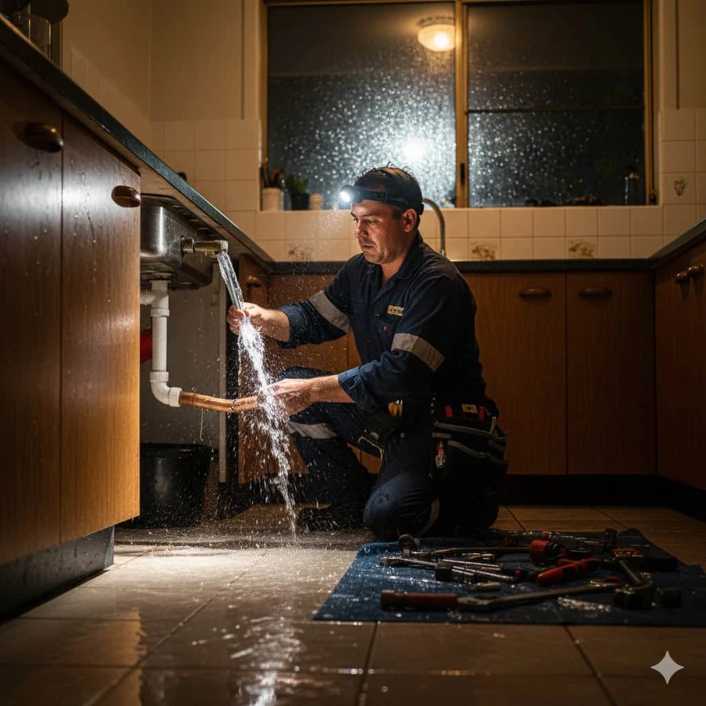 Emergency plumber in Cairns repairing a leaking pipe under a kitchen sink at night with water spraying everywhere