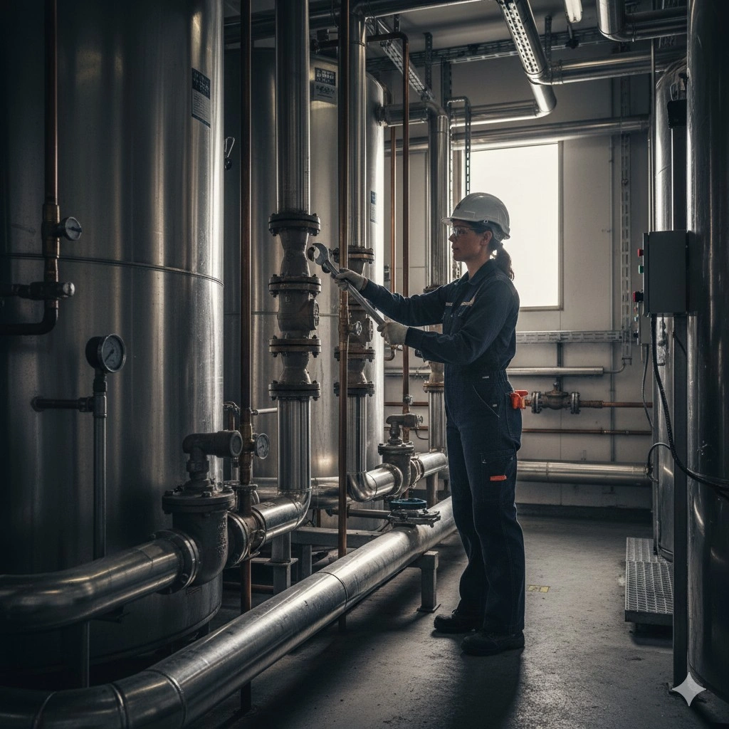 Commercial plumber inspecting large hot water tanks and pipework inside restaurant utility room.