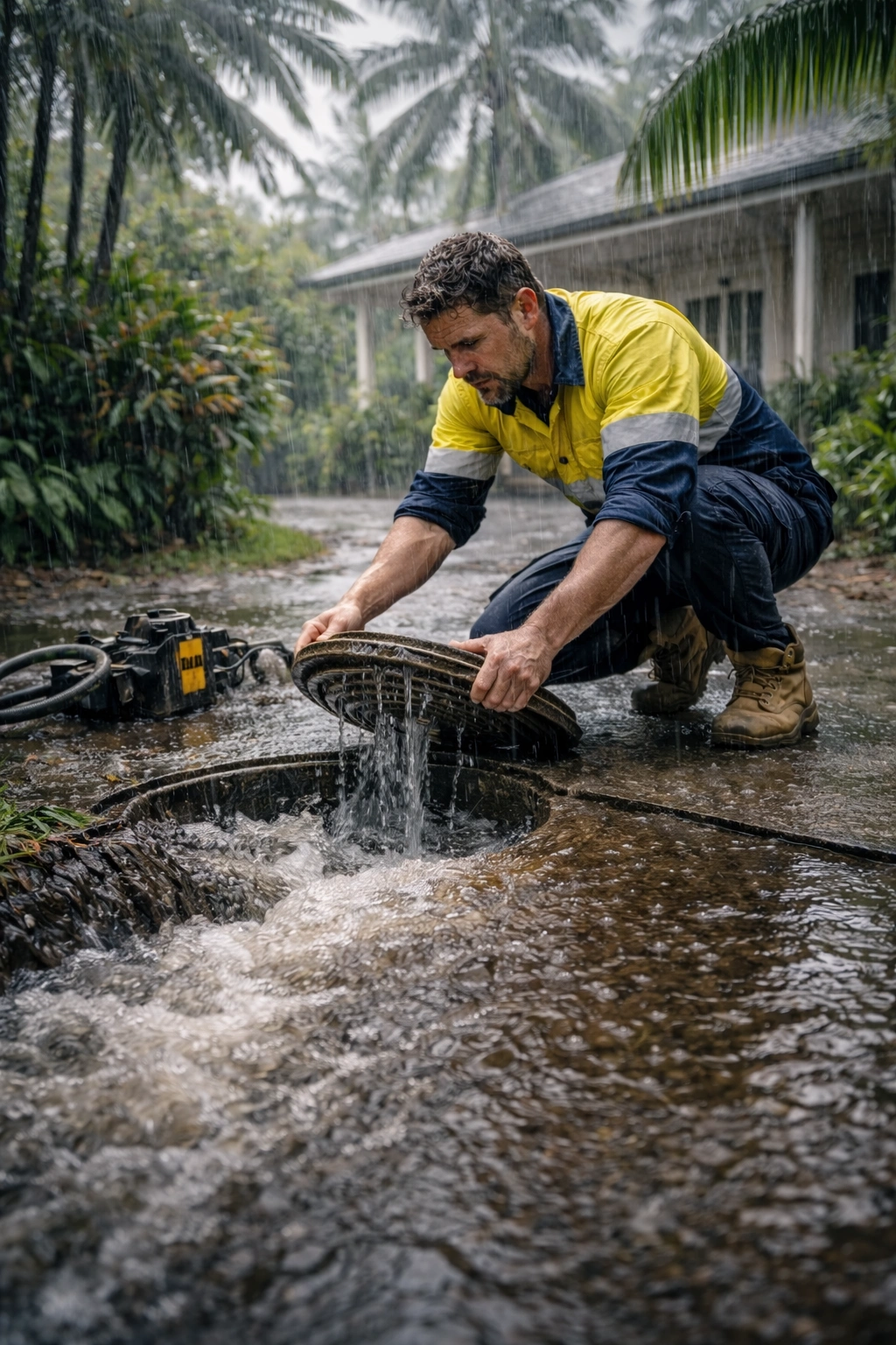 Plumber clearing overflowing outdoor drain during heavy rain at a Cairns home