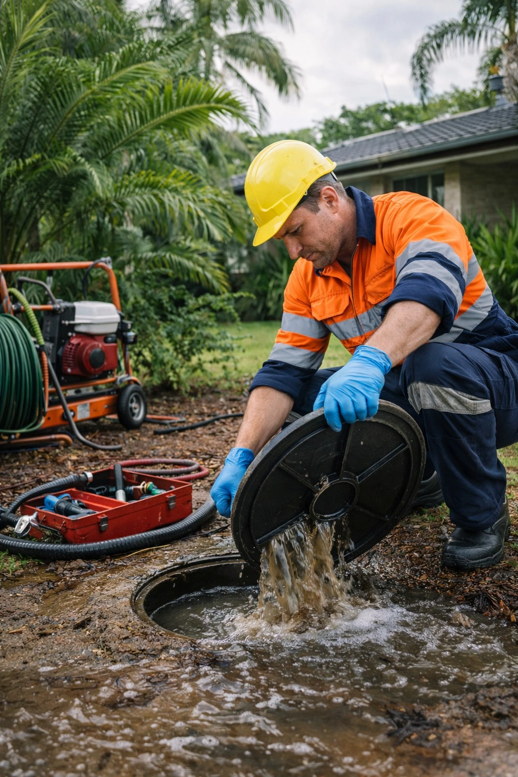 Plumber opening an outdoor sewer inspection point at a Cairns home where wastewater is backing up.