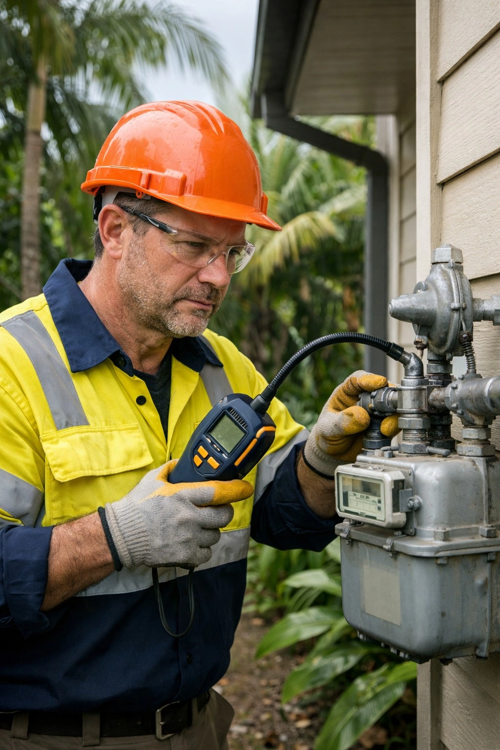 Technician checking gas meter and pipe connections outside a Cairns home using professional leak detection tools.