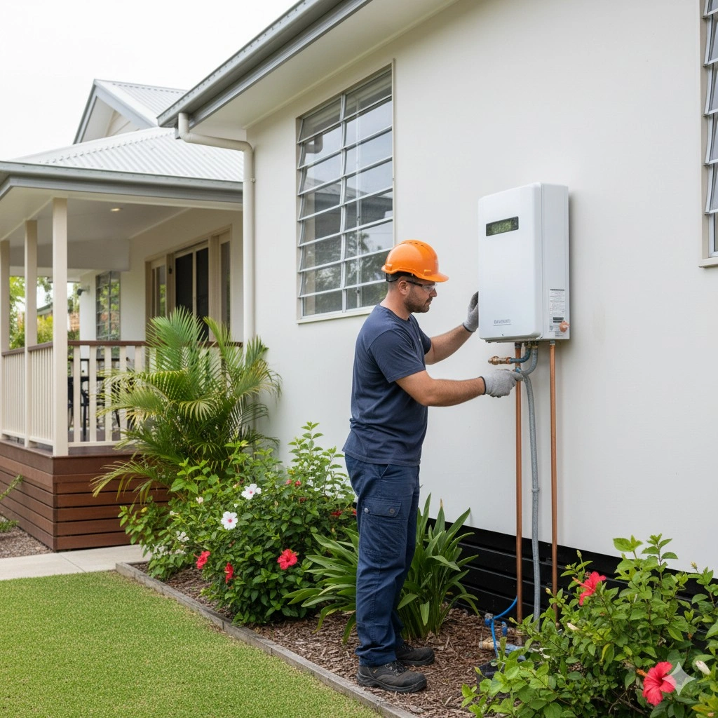 Licensed gas fitter installing outdoor gas hot water system on residential home in Cairns, Australia