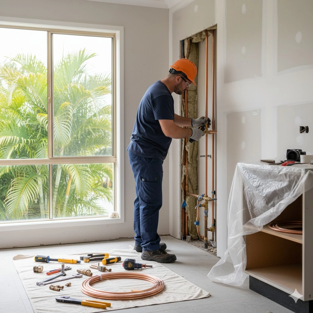 Gas plumber installing copper gas pipes during a kitchen renovation in a Queensland home.