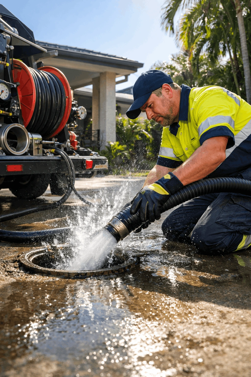 plumber using industrial hydro jetting equipment to clear blocked sewer line in Cairns