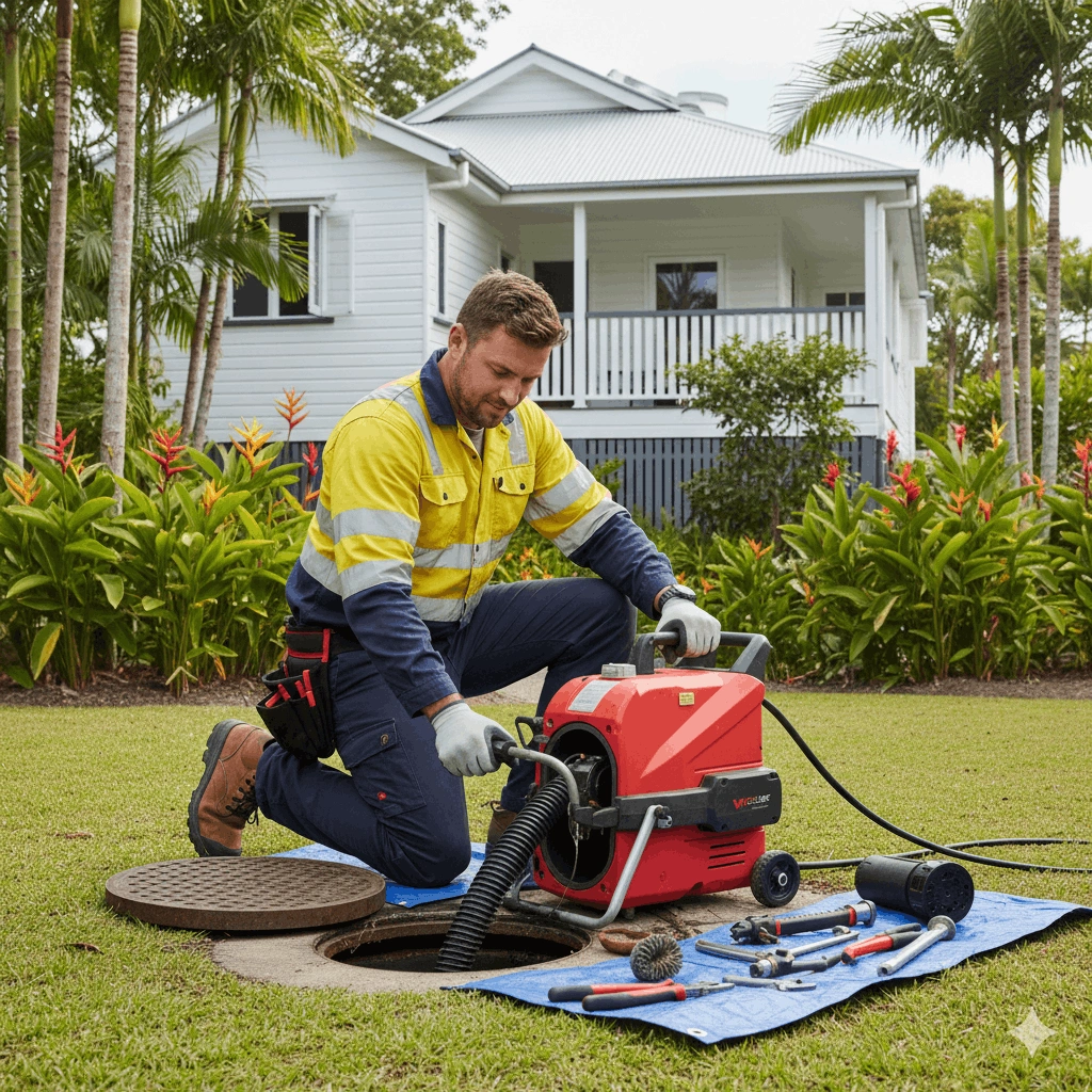 plumber clearing blocked outdoor drain using professional equipment at Cairns home