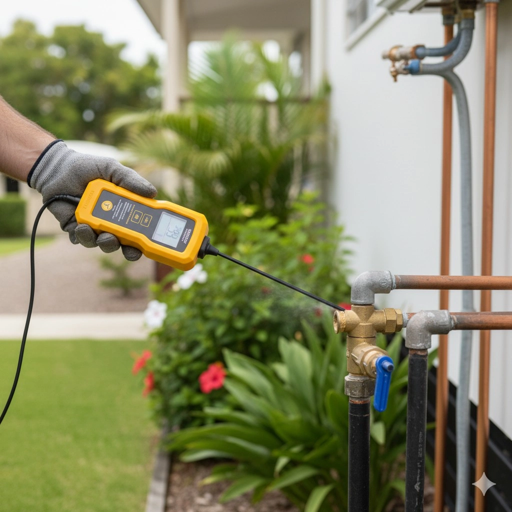 Gas leak detection in Cairns home using electronic detector on outdoor gas pipe system, licensed gas fitter inspection
