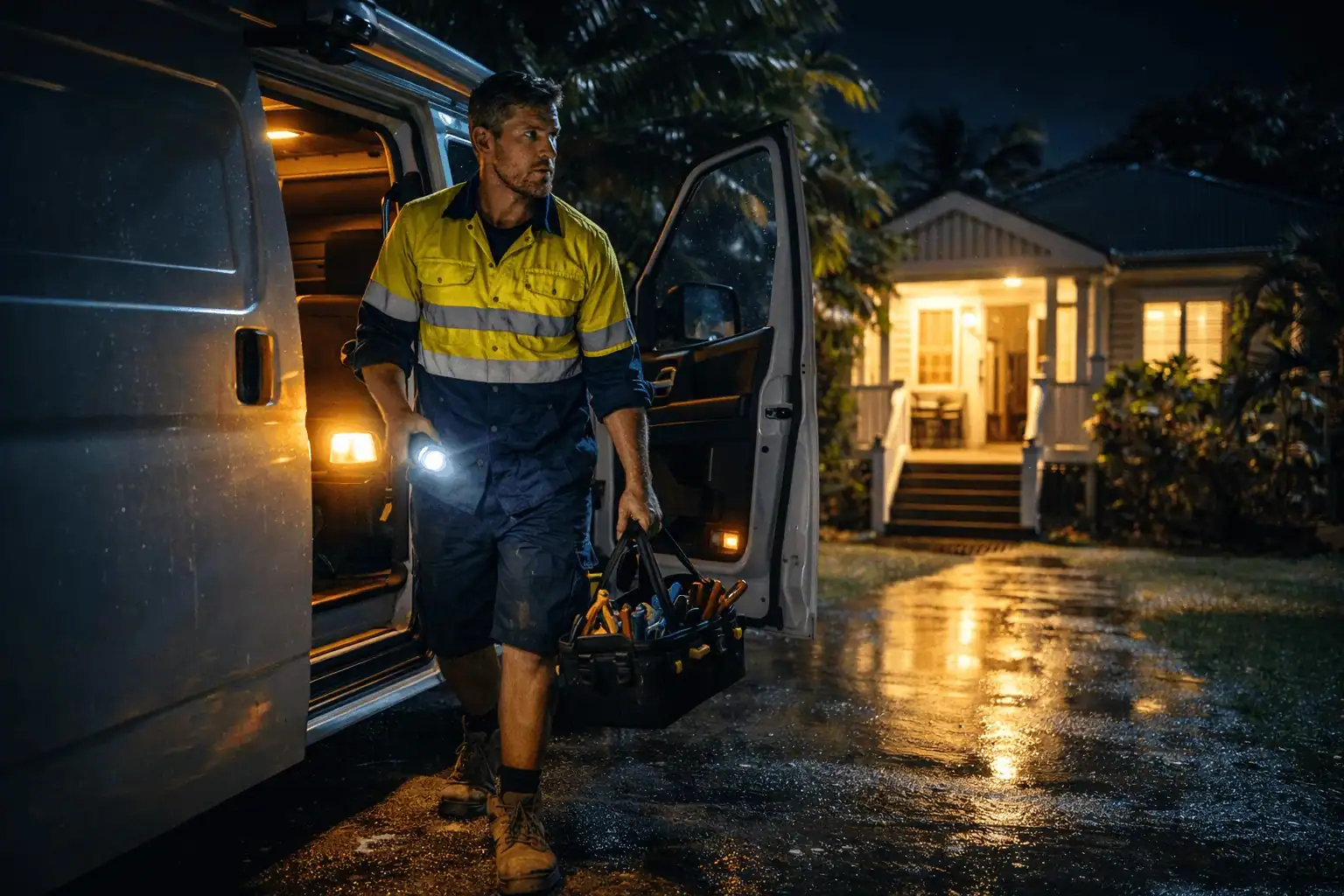 Emergency plumber arriving at a Cairns home at night carrying tools for an urgent plumbing repair.