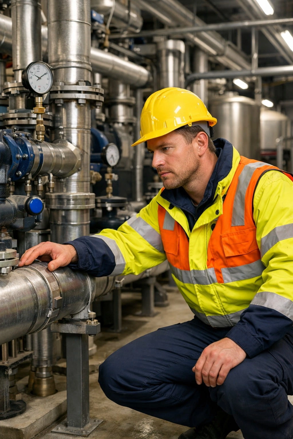 Licensed commercial plumber assessing large water mains inside a Cairns office building plant room.