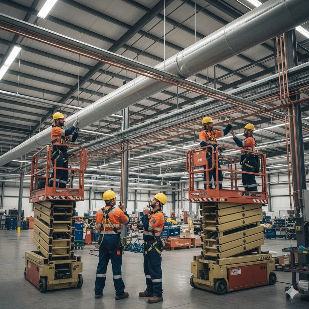 Commercial plumbing team installing large-diameter pipes inside a Queensland industrial site.