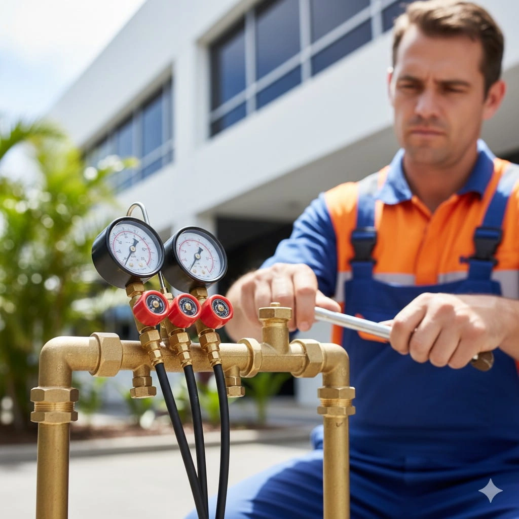 Technician performing certified backflow testing on a commercial water system in Cairns.