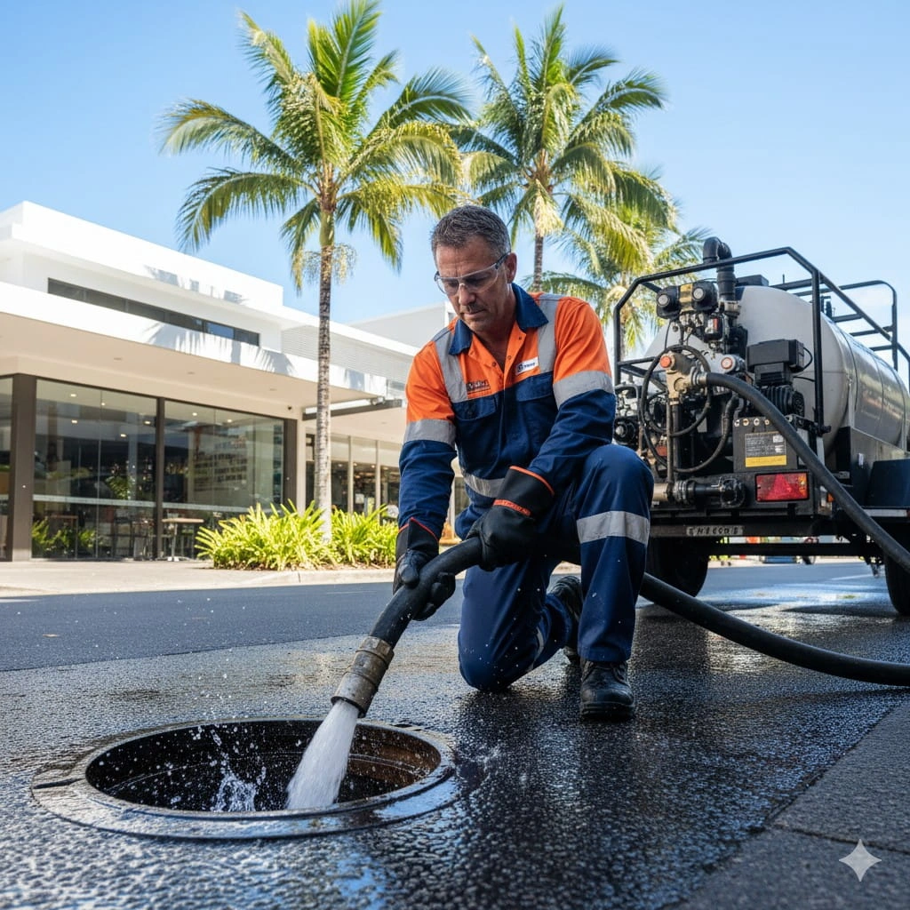 Plumber using high-pressure jetting equipment to clear drainage outside a Cairns retail centre.