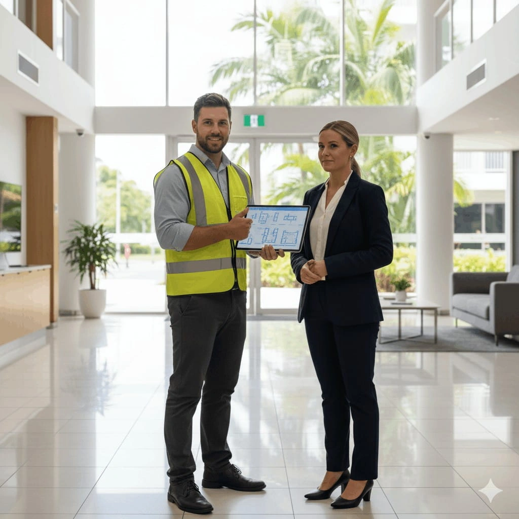 Commercial plumber reviewing maintenance plans with a property manager in a Cairns complex.