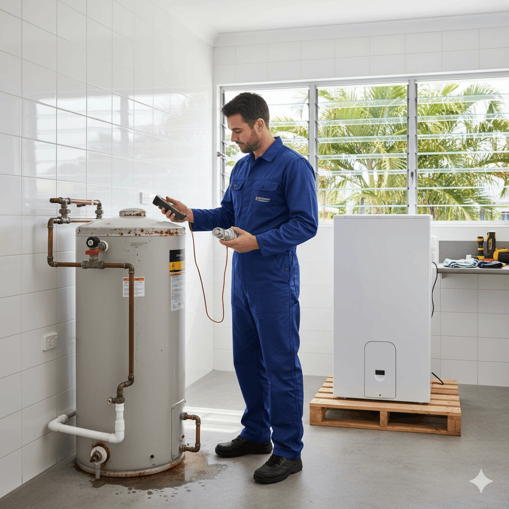Licensed plumber comparing repair and replacement options for a leaking home hot water system in Cairns