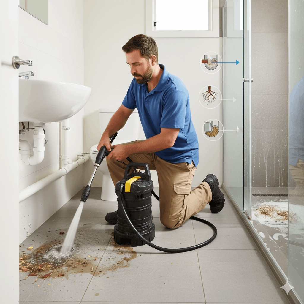 Professional plumber clearing a blocked shower and bathroom drain in Cairns using high-pressure drain cleaning equipment